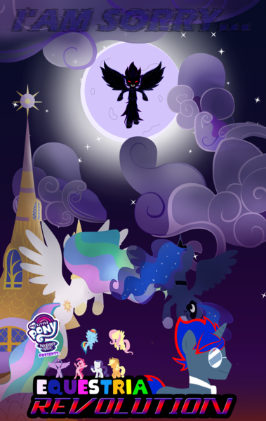 Size: 4550x7200 | Tagged: safe, artist:1mber_angul, derpibooru import, princess celestia, princess luna, oc, alicorn, pony, series:equestria revolution, antagonist, canterlot, cloud, conflict, confusion, controller, despair, destruction, fan made, fanfic art, image, last, moon, mystery, night, panic, png, poster, sad, sky, stars, story, teaser