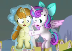 Size: 2938x2084 | Tagged: safe, artist:aleximusprime, derpibooru import, princess flurry heart, pumpkin cake, flurry heart's story, bow, bracelet, cloud, dark clouds, dream of alicornication, floating, image, jewelry, jpeg, magic, ponyville, safeguard bracelet, telekinesis, upgrade