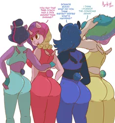 Size: 7500x8000 | Tagged: suggestive, artist:azulejo, derpibooru import, princess cadance, princess celestia, princess luna, twilight sparkle, twilight sparkle (alicorn), alicorn, anthro, butt, clothes, female, gym uniform, image, large butt, leggings, png, tail, tail bun, text, wings