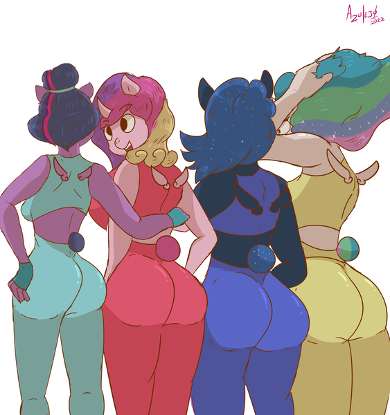 Size: 7500x8000 | Tagged: suggestive, alternate version, artist:azulejo, derpibooru import, princess cadance, princess celestia, princess luna, twilight sparkle, twilight sparkle (alicorn), alicorn, anthro, breasts, butt, clothes, female, gym uniform, image, large butt, leggings, png, tail, wings