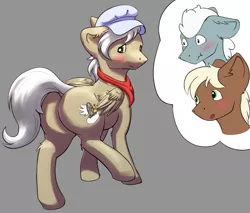 Size: 2106x1792 | Tagged: safe, artist:shaliwolf, author:bigonionbean, derpibooru import, caboose, silver lining, silver zoom, oc, oc:air brakes, earth pony, pegasus, pony, blushing, butt, clothes, commissioner:bigonionbean, cutie mark, dummy thicc, embarrassed, extra thicc, flank, fusion, fusion:air brakes, hat, image, male, plot, png, scarf, stallion, thicc ass, thought bubble