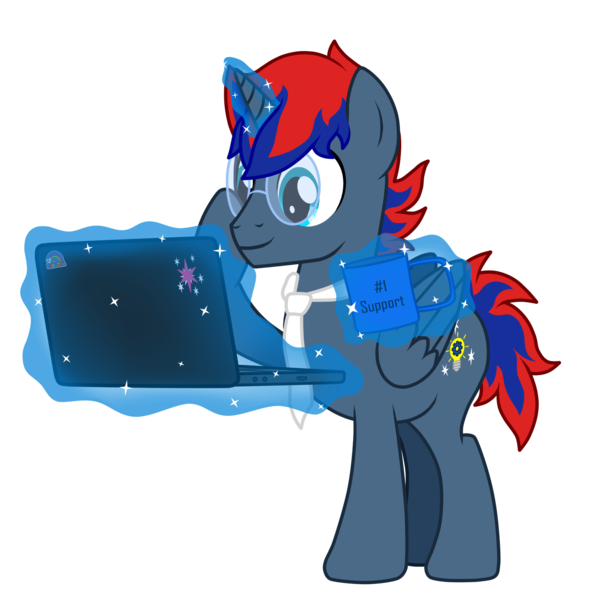 Size: 1600x1600 | Tagged: safe, artist:1mber_angul, derpibooru import, oc, oc:craft motion, alicorn, pony, bowl, check, computer, image, laptop computer, magic, necktie, png, pose, programming, render, support