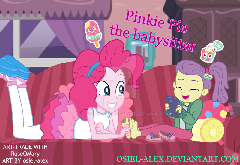 Size: 1024x703 | Tagged: safe, artist:osiel-alex, derpibooru import, lily pad (equestria girls), pinkie pie, equestria girls, equestria girls series, pinkie sitting, barefoot, clothes, deviantart watermark, eyes closed, feet, fingers, foot tickling, image, ipad, jpeg, laughing, lilypad, obtrusive watermark, open mouth, shoes, shoes removed, tickling, watermark