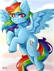 Size: 1920x2510 | Tagged: safe, artist:sk-ree, derpibooru import, rainbow dash, pegasus, pony, fangs, female, flying, image, jpeg, mare, sky, solo, unshorn fetlocks