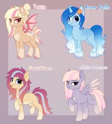 Size: 1720x1900 | Tagged: safe, artist:luminousdazzle, derpibooru import, oc, unofficial characters only, bat pony, earth pony, pegasus, pony, unicorn, adoptable, coat markings, female, flower, flower in hair, image, jewelry, looking at you, mare, markings, necklace, png, simple background, smiling, smiling at you, socks (coat marking)