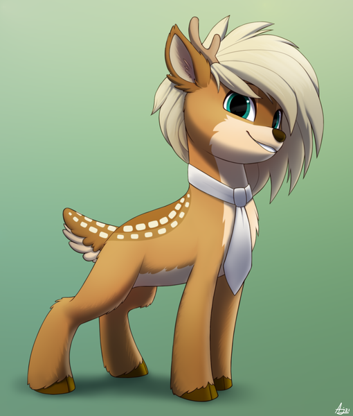 Size: 1700x2000 | Tagged: safe, artist:luminousdazzle, derpibooru import, oc, oc:deeraw, deer, antlers, chest fluff, cloven hooves, image, looking at you, markings, necktie, png, simple background, smiling, smiling at you