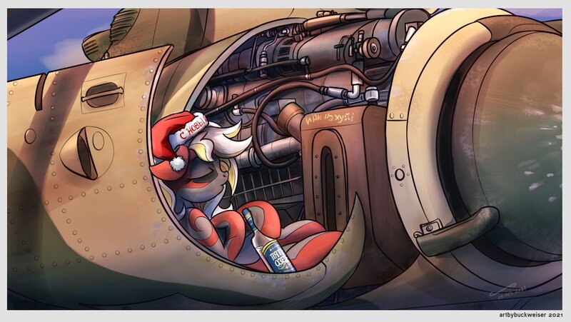 Size: 1449x816 | Tagged: safe, artist:buckweiser, derpibooru import, oc, oc:ember, pegasus, alcohol, bottle, christmas, drunk, engine, female, hat, helicopter, holiday, image, jpeg, mechanic, mi-24, pegasus oc, santa hat, sleeping, solo, vodka, wings