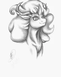 Size: 1628x2048 | Tagged: safe, artist:ask-y, derpibooru import, oc, unofficial characters only, unicorn, bust, grayscale, horn, image, jpeg, monochrome, simple background, smiling, solo, traditional art, unicorn oc, white background