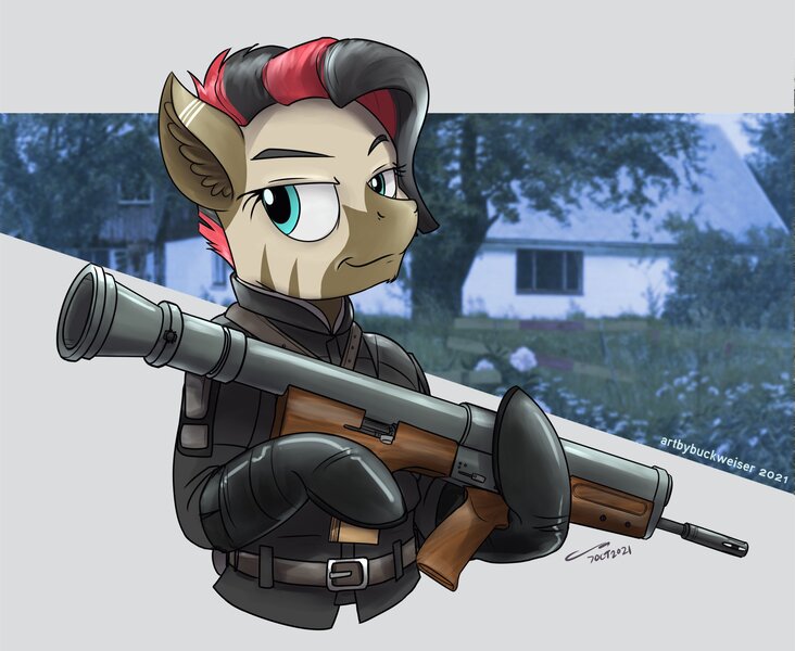 Size: 1920x1573 | Tagged: safe, artist:buckweiser, derpibooru import, oc, oc:matuta, unofficial characters only, zebra, commission, female, gun, image, jpeg, rifle, solo, weapon, your character here