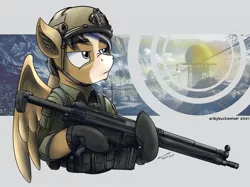 Size: 2000x1493 | Tagged: safe, artist:buckweiser, derpibooru import, oc, oc:gear (gearslavehorse), commission, g3a4, gun, image, jpeg, male, rifle, solo, weapon, your character here