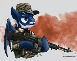 Size: 1920x1512 | Tagged: safe, artist:buckweiser, derpibooru import, oc, oc:moon chaser, bat pony, bat pony oc, bat wings, commission, gun, image, jpeg, machine gun, male, solo, stoner 63, weapon, wings, your character here