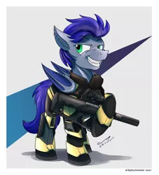 Size: 1961x2160 | Tagged: safe, artist:buckweiser, derpibooru import, oc, oc:cobalt moonshadow, oc:fuzz, unofficial characters only, bat pony, armor, bat pony oc, bat wings, fangs, grin, gun, image, jpeg, sierra nevada, smiling, submachinegun, weapon, wings