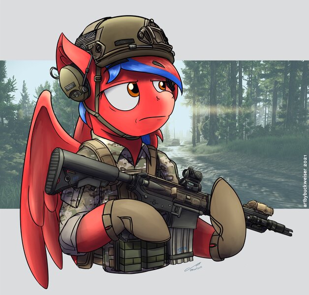 Size: 1898x1812 | Tagged: safe, artist:buckweiser, derpibooru import, oc, oc:ivory flare, unofficial characters only, pegasus, carbine, commission, female, gun, image, jpeg, m4, mk18, rifle, solo, weapon, your character here