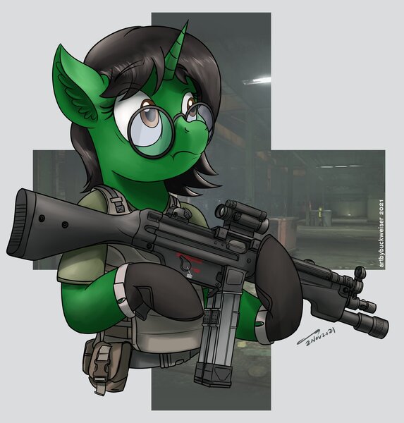 Size: 1920x2009 | Tagged: safe, artist:buckweiser, derpibooru import, oc, oc:ambitious gossip, unicorn, commission, female, glasses, gun, image, jpeg, mp5, solo, submachinegun, weapon, your character here