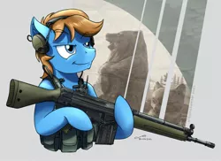 Size: 1920x1400 | Tagged: safe, artist:buckweiser, derpibooru import, oc, oc:wild wheels, earth pony, commission, g3a3, gun, headset, image, jpeg, male, rifle, solo, weapon, your character here