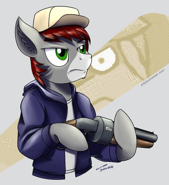 Size: 1920x2102 | Tagged: safe, artist:buckweiser, derpibooru import, oc, oc:khaki-cap, earth pony, commission, gun, image, jpeg, scattergun, scout, solo, team fortress 2, weapon, your character here