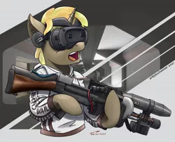 Size: 1920x1555 | Tagged: safe, alternate version, artist:buckweiser, derpibooru import, oc, oc:vensey, unicorn, commission, gasp, h3vr, half-life, image, jpeg, male, pulse rifle, solo, sustenance ar3, vr headset, your character here