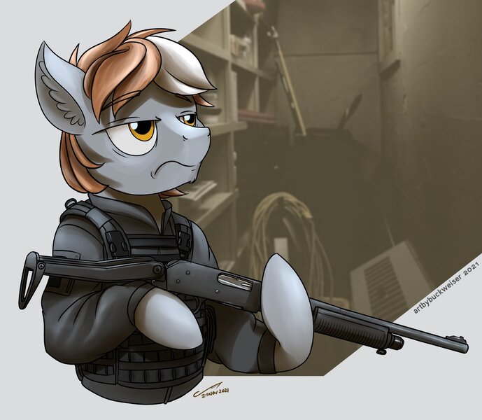 Size: 1920x1673 | Tagged: safe, artist:buckweiser, derpibooru import, oc, oc:radan, earth pony, commission, gun, image, jpeg, male, mossberg 590, shotgun, solo, weapon, your character here