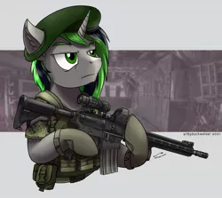 Size: 1920x1713 | Tagged: safe, artist:buckweiser, derpibooru import, oc, oc:slash vortex, unicorn, ar15, beret, commission, gun, hat, image, jpeg, male, rifle, solo, weapon, your character here