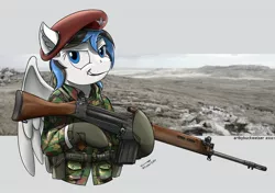 Size: 2160x1519 | Tagged: safe, artist:buckweiser, derpibooru import, oc, oc:kezzie, pegasus, beret, commission, female, fn fal, hat, image, jpeg, l1a1, solo, your character here