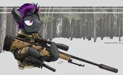 Size: 2160x1325 | Tagged: safe, artist:buckweiser, derpibooru import, oc, oc:viper, unicorn, awm, commission, gun, image, jpeg, l115a3, male, rifle, sniper, sniper rifle, solo, weapon, your character here