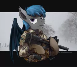 Size: 1920x1677 | Tagged: safe, artist:buckweiser, derpibooru import, oc, oc:nocturne star, bat pony, bat pony oc, bat wings, commission, image, jpeg, jtf2, male, p90, solo, wings, your character here