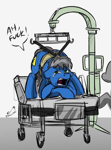 Size: 596x807 | Tagged: safe, artist:buckweiser, derpibooru import, oc, oc:buckminster, back, bed, crying, face down ass up, faceless ponies, hospital bed, image, jacko challenge, jpeg, meme, pain, sketch, tears of pain, vulgar