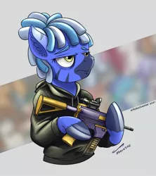 Size: 1920x2162 | Tagged: safe, artist:buckweiser, derpibooru import, oc, zebra, clothes, commission, female, gun, hoodie, image, jpeg, submachinegun, weapon, your character here