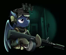 Size: 1920x1631 | Tagged: safe, artist:buckweiser, derpibooru import, oc, oc:blizzard, pegasus, aa-12, commission, goggles, gun, image, jpeg, male, night vision goggles, shotgun, solo, weapon, your character here
