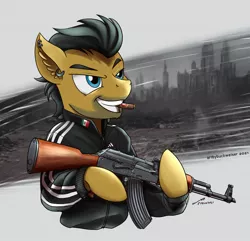 Size: 1920x1854 | Tagged: safe, artist:buckweiser, derpibooru import, oc, oc:jack taylor, pegasus, ak-47, assault rifle, cigar, commission, five o'clock shadow, gun, image, jpeg, male, rifle, solo, tracksuit, weapon, your character here