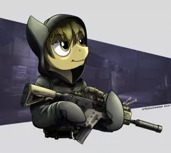 Size: 1920x1709 | Tagged: safe, artist:buckweiser, derpibooru import, oc, oc:chocolate chips, earth pony, clothes, commission, gun, hoodie, image, jpeg, male, sas, solo, submachinegun, vector, weapon, your character here