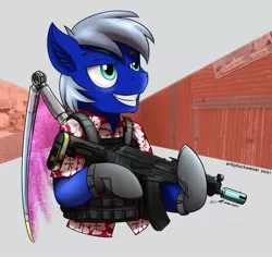 Size: 1920x1811 | Tagged: safe, artist:buckweiser, derpibooru import, oc, oc:inheart star, ak-47, artificial wings, assault rifle, augmented, clothes, commission, gun, hardlight, hawaiian shirt, image, jpeg, mechanical wing, rifle, shirt, solo, weapon, wings, your character here