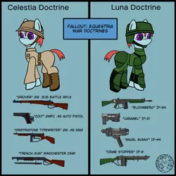 Size: 1280x1280 | Tagged: safe, artist:dice-warwick, derpibooru import, fallout equestria, 10mm pistol, armor, clothes, gun, handgun, image, jpeg, military pony, military uniform, pistol, rifle, shotgun, submachinegun, uniform, weapon