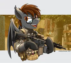 Size: 1920x1700 | Tagged: safe, artist:buckweiser, derpibooru import, oc, oc:night dice, bat pony, bat pony oc, bat wings, commission, glasses, gun, image, jpeg, m4a1, male, mk18, rifle, solo, weapon, wings, ych result, your character here