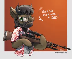 Size: 1920x1590 | Tagged: safe, artist:buckweiser, derpibooru import, oc, oc:papayeo, buffalo, earth pony, clothes, commission, glasses, gun, hawaiian shirt, hybrid oc, image, jpeg, m14, m1a, male, rifle, shirt, solo, weapon, ych result, your character here