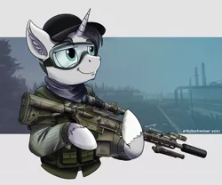 Size: 1920x1599 | Tagged: safe, artist:buckweiser, derpibooru import, oc, oc:jack rabbit, unicorn, ar15, commission, goggles, gun, hat, image, jpeg, male, rifle, solo, weapon, ych result, your character here