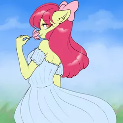 Size: 1000x1000 | Tagged: safe, artist:yutakira92, derpibooru import, apple bloom, anthro, earth pony, adorabloom, adorasexy, backless, bare shoulders, bow, clothes, cute, dress, female, flower, hair bow, image, jpeg, looking at you, looking back, looking back at you, older, older apple bloom, sexy, strapless