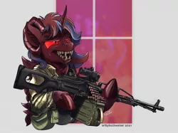 Size: 1920x1433 | Tagged: safe, alternate version, artist:buckweiser, derpibooru import, oc, oc:ulmora, demon, unicorn, commission, female, gun, hybrid oc, image, jpeg, machine gun, pkp, weapon, ych result, your character here