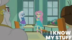 Size: 1280x720 | Tagged: safe, derpibooru import, edit, edited screencap, editor:quoterific, screencap, bulk biceps, fluttershy, trixie, wiz kid, bird, a little birdie told me, equestria girls, equestria girls series, clothes, crossed arms, cutie mark, cutie mark on clothes, female, geode of fauna, hairpin, hoodie, image, jewelry, jpeg, magical geodes, male, necklace, sandals