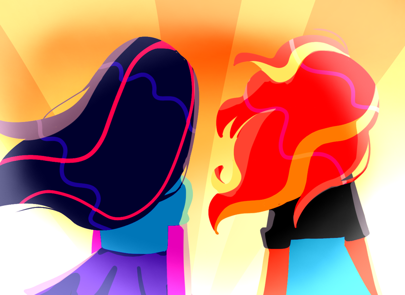 Size: 1228x895 | Tagged: safe, artist:hiumatve, derpibooru import, sunset shimmer, twilight sparkle, equestria girls, duo, duo female, female, image, png, rear view, sunset