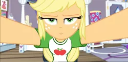 Size: 1114x545 | Tagged: safe, derpibooru import, edit, edited screencap, screencap, applejack, camping must-haves, equestria girls, equestria girls series, spoiler:eqg series (season 2), annoyed, applejacked, clothes, cute, freckles, hatless, image, missing accessory, muscles, png, rarity's bedroom, shirt, t-shirt