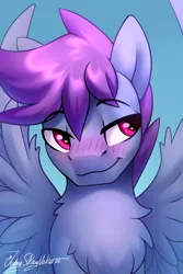 Size: 2000x3000 | Tagged: safe, artist:jedayskayvoker, derpibooru import, oc, oc:windy dripper, unofficial characters only, pegasus, pony, blushing, bust, chest fluff, eyebrows, eyebrows visible through hair, fluffy, gradient background, icon, image, male, pegasus oc, png, raised eyebrow, reward, solo, spread wings, stallion, wingboner, wings