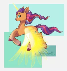 Size: 978x1039 | Tagged: safe, artist:superduperath, derpibooru import, sunny starscout, alicorn, pony, my little pony: a new generation, artificial horn, artificial wings, augmented, female, g5, horn, image, jpeg, magic, magic horn, magic wings, mare, solo, sunnycorn, wings