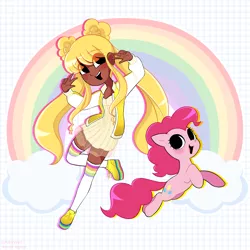 Size: 2500x2500 | Tagged: safe, artist:syrupyyy, derpibooru import, pinkie pie, earth pony, human, pony, clothes, cloud, crossover, cute, dark skin, diapinkes, dress, duo, female, image, mare, open mouth, peace sign, png, rainbow, rainbow high, shoes, socks, stockings, sundress, sunny madison, thigh highs