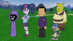 Size: 1280x720 | Tagged: safe, derpibooru import, screencap, sci-twi, spike, spike the regular dog, twilight sparkle, dog, equestria girls, camp everfree outfits, crossed arms, crossover, eddy misbehaves at camp goville, goanimate, image, jeff, png, raven (teen titans), reference, roblox, shrek, shrek (character), teen titans go, the wiggles