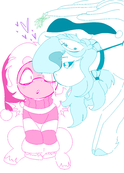 Size: 1000x1400 | Tagged: safe, artist:dsstoner, derpibooru import, oc, oc:hrukii, bat pony, pegasus, pony, blushing, blushing profusely, choker, christmas, clothes, duo, duo female, ear piercing, female, glasses, hat, holiday, image, kiss on the cheek, kissing, lesbian, mistletoe, pegasus oc, piercing, png, santa hat, shipping, sweater, turtleneck, wings