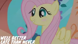 Size: 1280x720 | Tagged: safe, derpibooru import, edit, edited screencap, editor:quoterific, screencap, fluttershy, pegasus, pony, season 1, the ticket master, blushing, cute, female, flying, golden oaks library, image, jpeg, library, mare, shyabetes, smiling, solo, wings