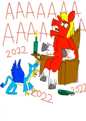 Size: 1024x1434 | Tagged: safe, artist:horsesplease, derpibooru import, gallus, sprout cloverleaf, pony, my little pony: a new generation, 2022, alcohol, bottle, crowing, doodle, drunk, emperor sprout, g5, gallus the rooster, happy new year, happy new year 2022, holiday, image, jpeg, sad sprout, screaming, sprout