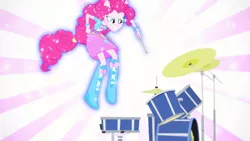 Size: 3410x1920 | Tagged: safe, derpibooru import, screencap, pinkie pie, equestria girls, pinkie on the one, rainbow rocks, boots, clothes, cutie mark, cutie mark on clothes, drum kit, drums, drumsticks, female, grin, high res, image, jpeg, musical instrument, ponied up, shoes, smiling, solo