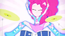 Size: 3410x1920 | Tagged: safe, derpibooru import, screencap, pinkie pie, equestria girls, pinkie on the one, rainbow rocks, boots, clothes, cutie mark, cutie mark on clothes, drum kit, drums, drumsticks, eyes closed, female, high res, image, jpeg, musical instrument, ponied up, shoes, smiling, solo